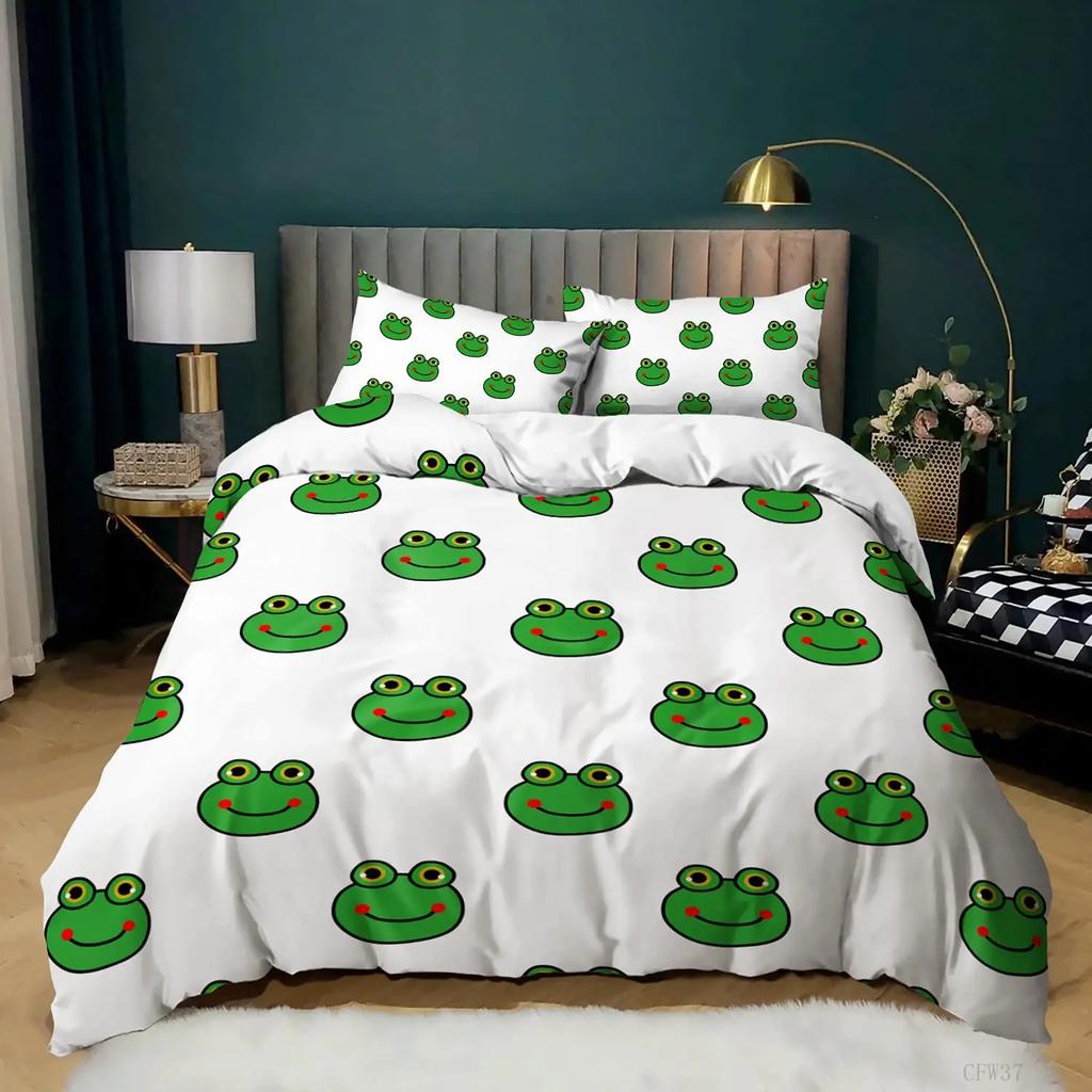 Frog Duvet Cover Set Cute Kawaii Cartoon Frog Pattern King Queen Size Polyester Comforter Cover With Pillowcase For Kids Girls