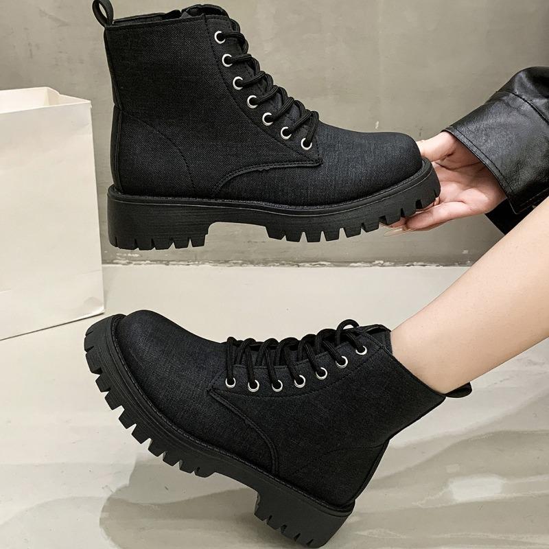

Fashion Cloth Thick Heel Single Boots Autumn New Round Toe Front Lace-Up Side Zipper Platform Anti-Slip Wear-Resistant Short Shoes 43 чёрный