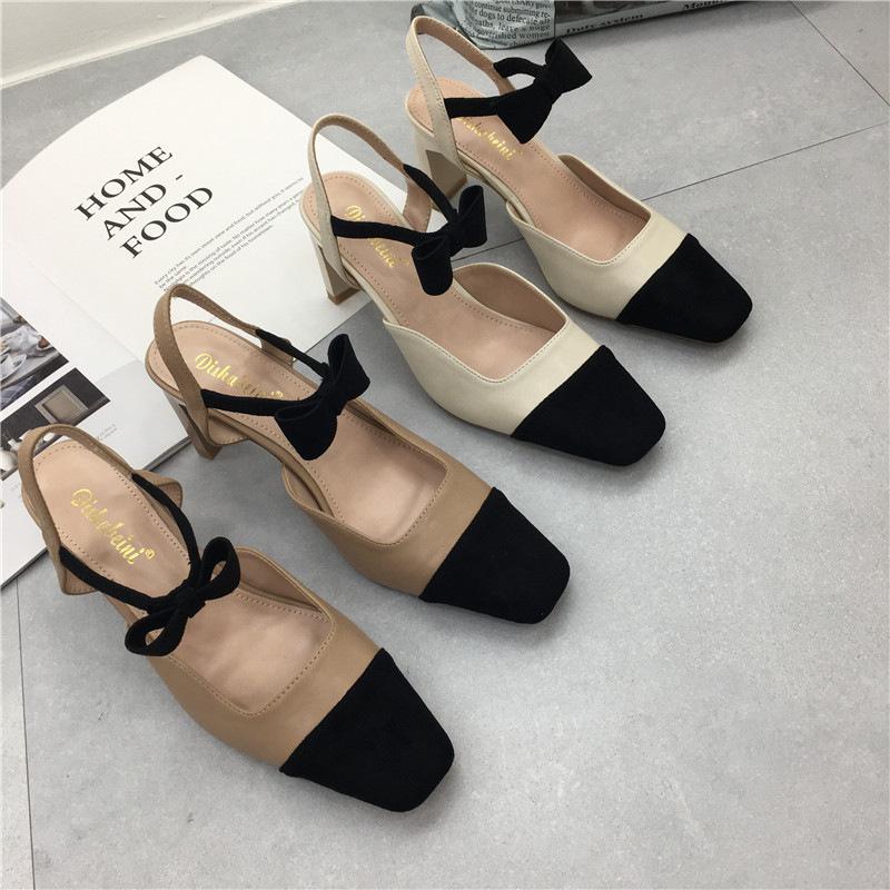 

Color matching sandals women s summer color matching retro square head rear empty thick heel bag head high heel single shoes 39 хакі