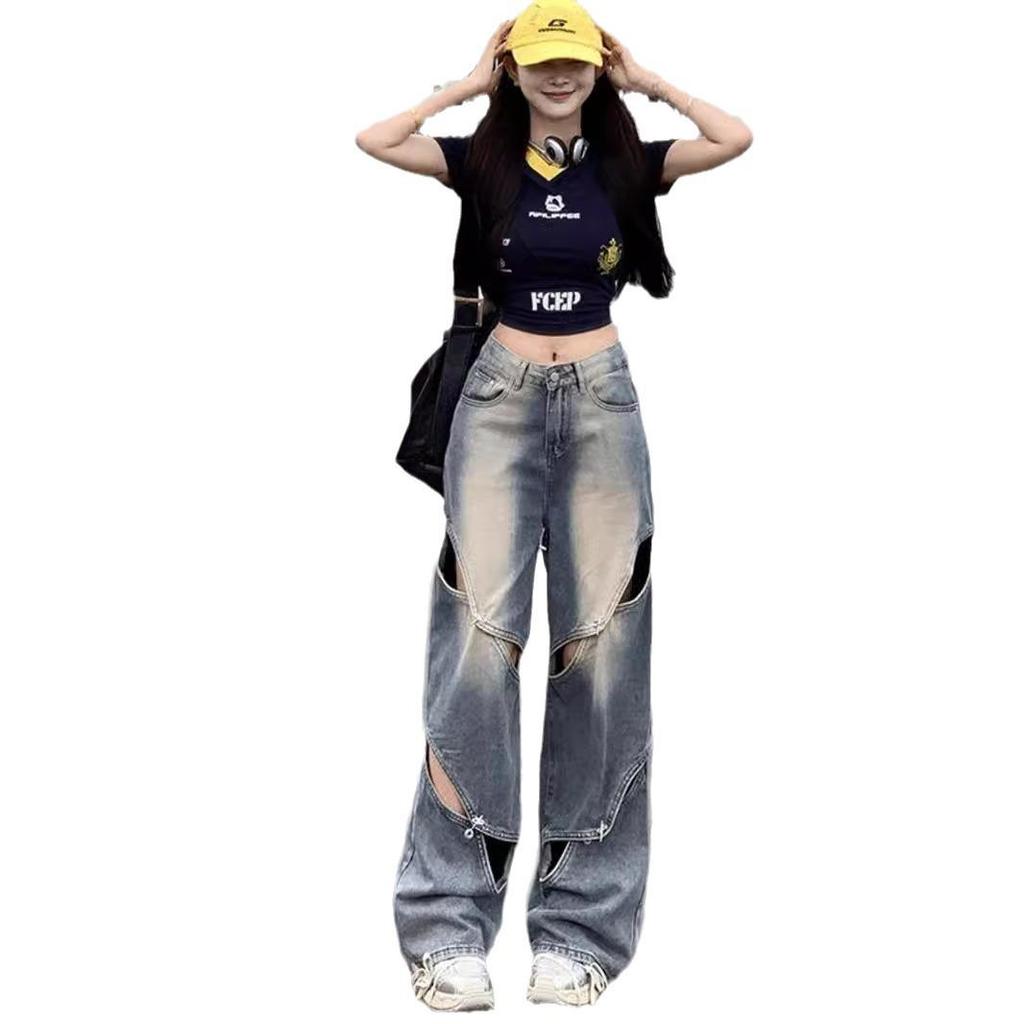 Women's American-Style Distressed Wide-Leg Jeans, High-Waisted, Slimming, Floor-Length, Trendy Autumn Fashion.