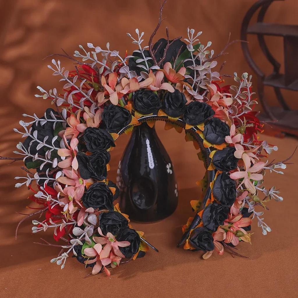 Quanzhou Hanfu Silk Flower Hairpin Headband - Dark Series Floral Crown