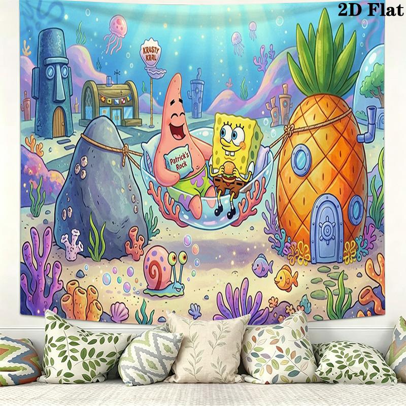 Cartoon Spongebob Wall Tapestry Aesthetic Wall Hanging Printed Fabric Blanket Decorative Tapestries for Bedroom Living Room Home Decor
