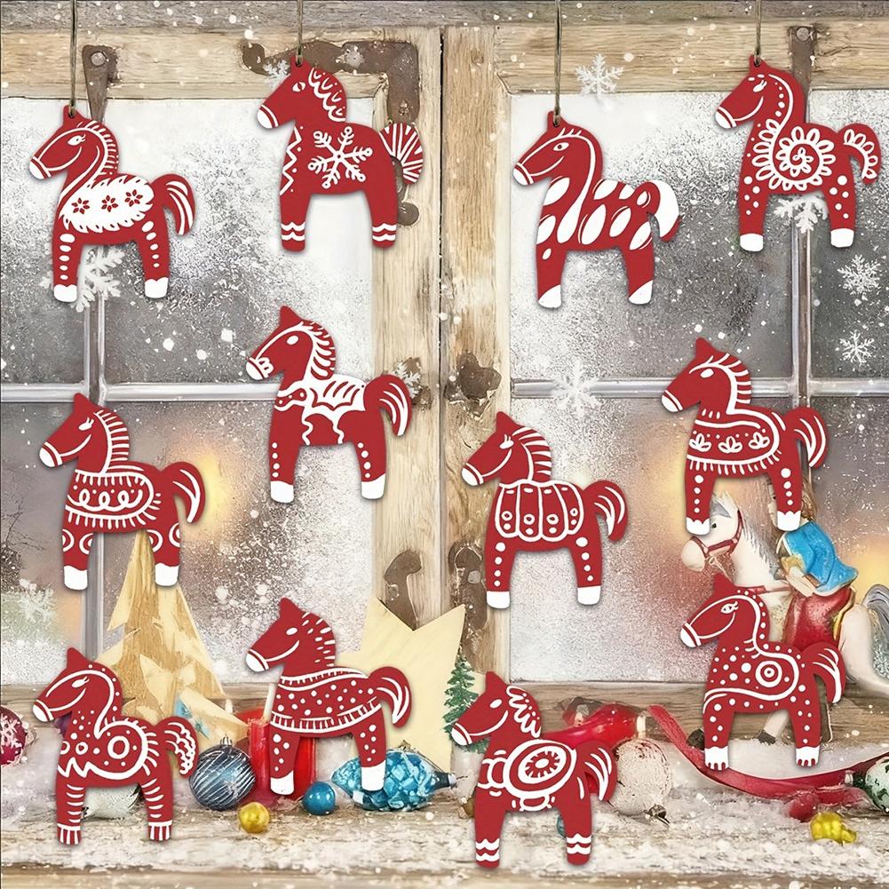 12/24Pcs Swedish Dala Horse Christmas Ornaments Xmas Horse New Year Decorations Christmas Tree Party Home Pendant DIY Ornam X4U6
