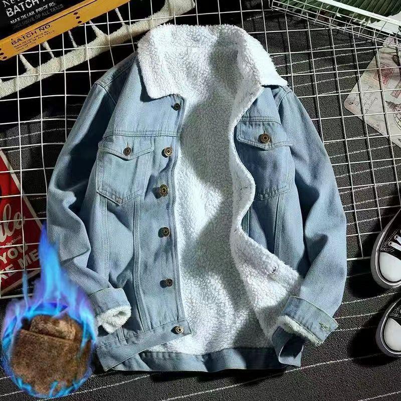 Velvet Thickened Denim Cotton Coat Men's Winter Hong Kong Style Loose Lamb Wool Cotton Coat Retro Couple Cotton Coat