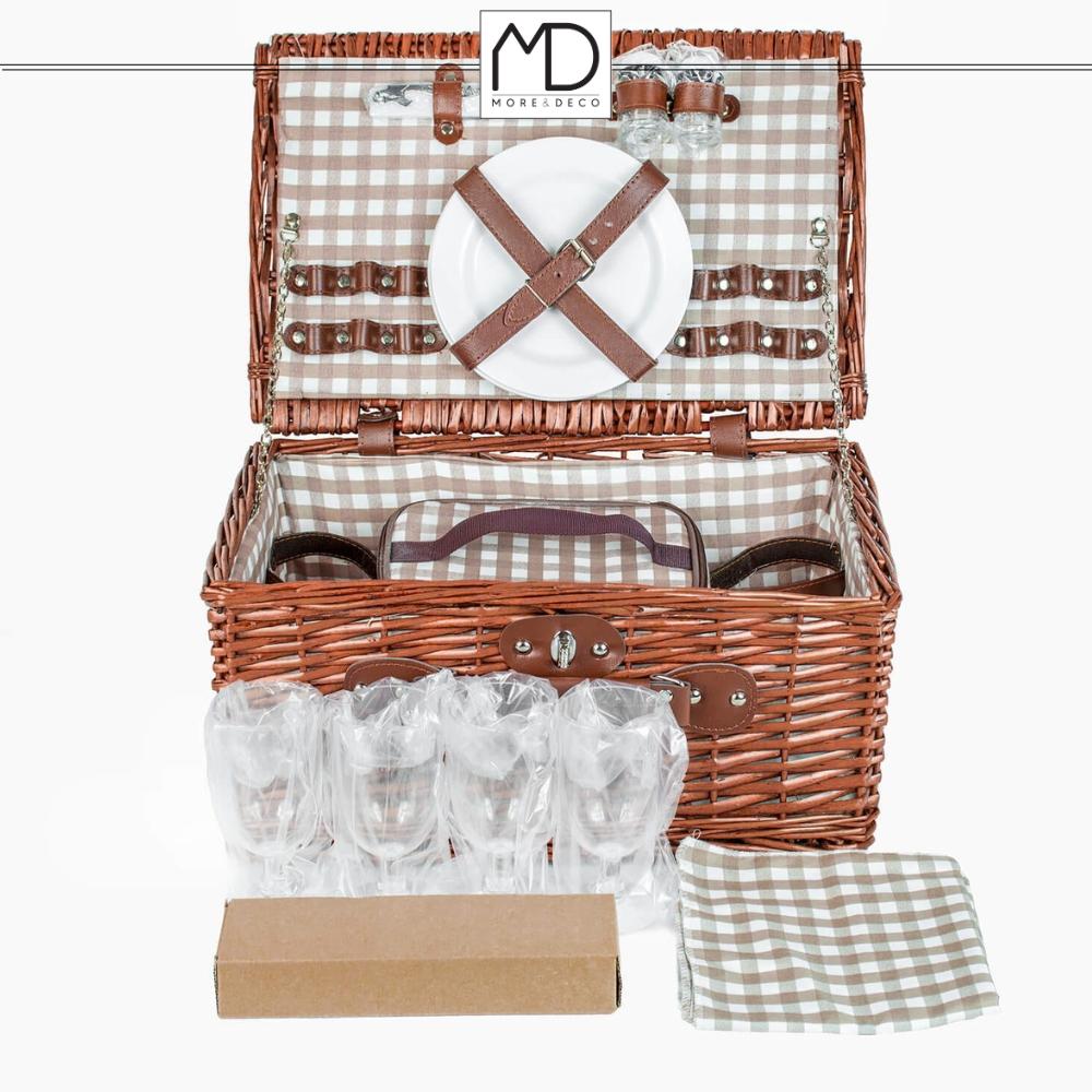 Picknickkorg korg flätad set för 4 personer kylväska bestick tallrikar MORE&DECO