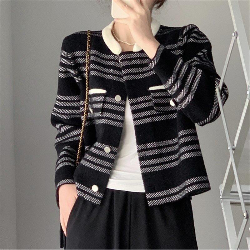 Autumn new imitation double-sided tweed crew neck cardigan striped cardigan women's knitted sweater celebrity coat