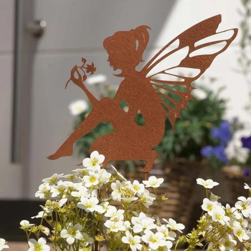 Ornamente für den Gartenhof im Freien, Blumenfee, Feen-Silhouette, Metall- und Eisenhandwerk, Elfendekoration