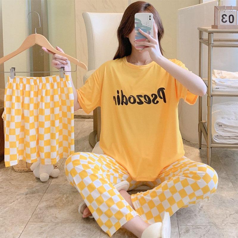 3PCS/Set Sexy Nightwear Women Letters Plaid Print Silk Pajamas Girl Sleepwear Round Neck Loungewear Ladies Casual Soft Home Wear