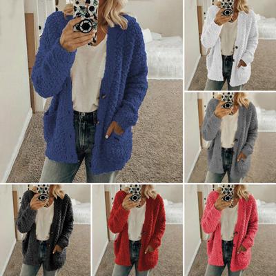 Winterjacke für Damen mit Doppeltaschen, dickes Fleece, einreihige Strickjacke, lange Ärmel, warm, winddicht, wärmespeichernd, Outdoor-Mantel