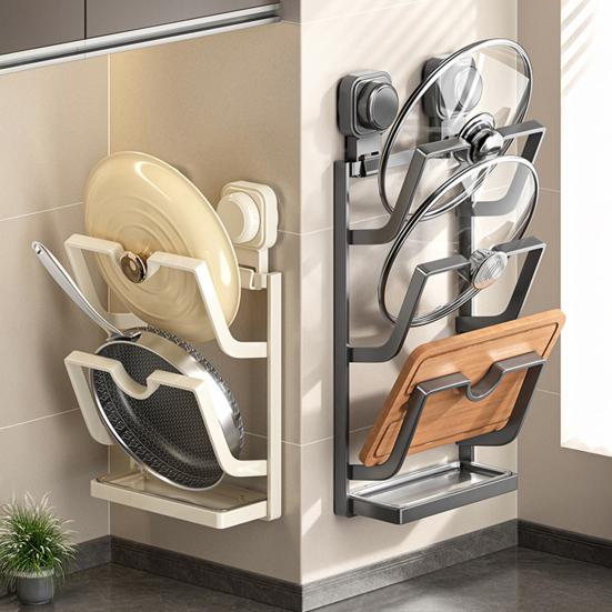 Wall-Mounted Pot Lid Holder Suction Cup Kitchen Pot Lid Organizer Pan Lid Storage Rack with Removable Drip Tray for Cutting Board