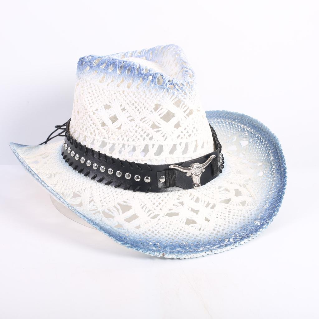 Popular European and American Fashion Hollow Woven Hat Straw Hat Men's and Women's Classic Outdoor Western Denim Straw Hat