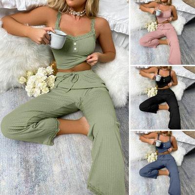 2 pezzi / set pantaloni top tuta scollata scollo a V senza maniche tinta unita arricciatura coulisse vita alta elastica pizzo pigiama estivo da donna set homewear