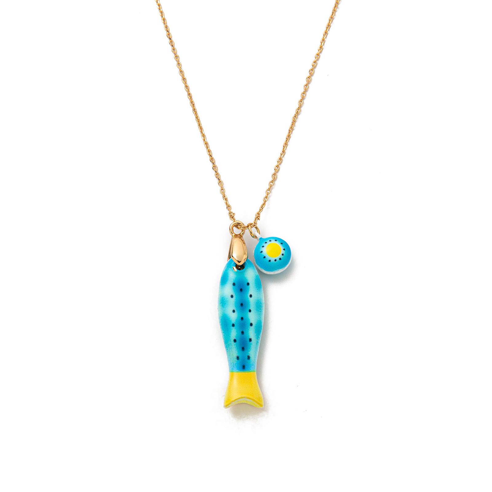 Bead painted small fish polka dot double-sided bead handmade pendant necklace gold-plated