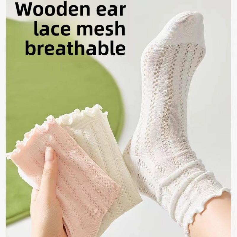 5 Pairs Ballet Style Hollow Mesh Wooden Ear Lace Socks Summer Thin Section of Boneless Mid-calf Socks Candy-coloured Stacked Socks