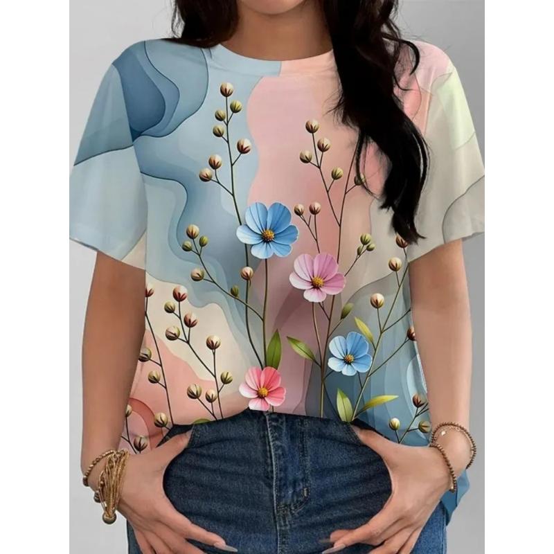 Fashion Women's Flower Short Sleeve Crew Neck T-Shirt 3D Flower Color Printing Tops Daily Wear
