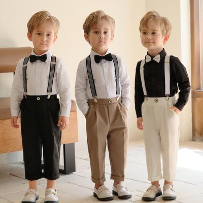 Kinder Festmode Frühling Sommer Britischer Stil Hosenträgerhosen Set Jungen Freizeit Hemd Anzug Kleiner Junge Gastgeber Auftritt Fotografie Outfit