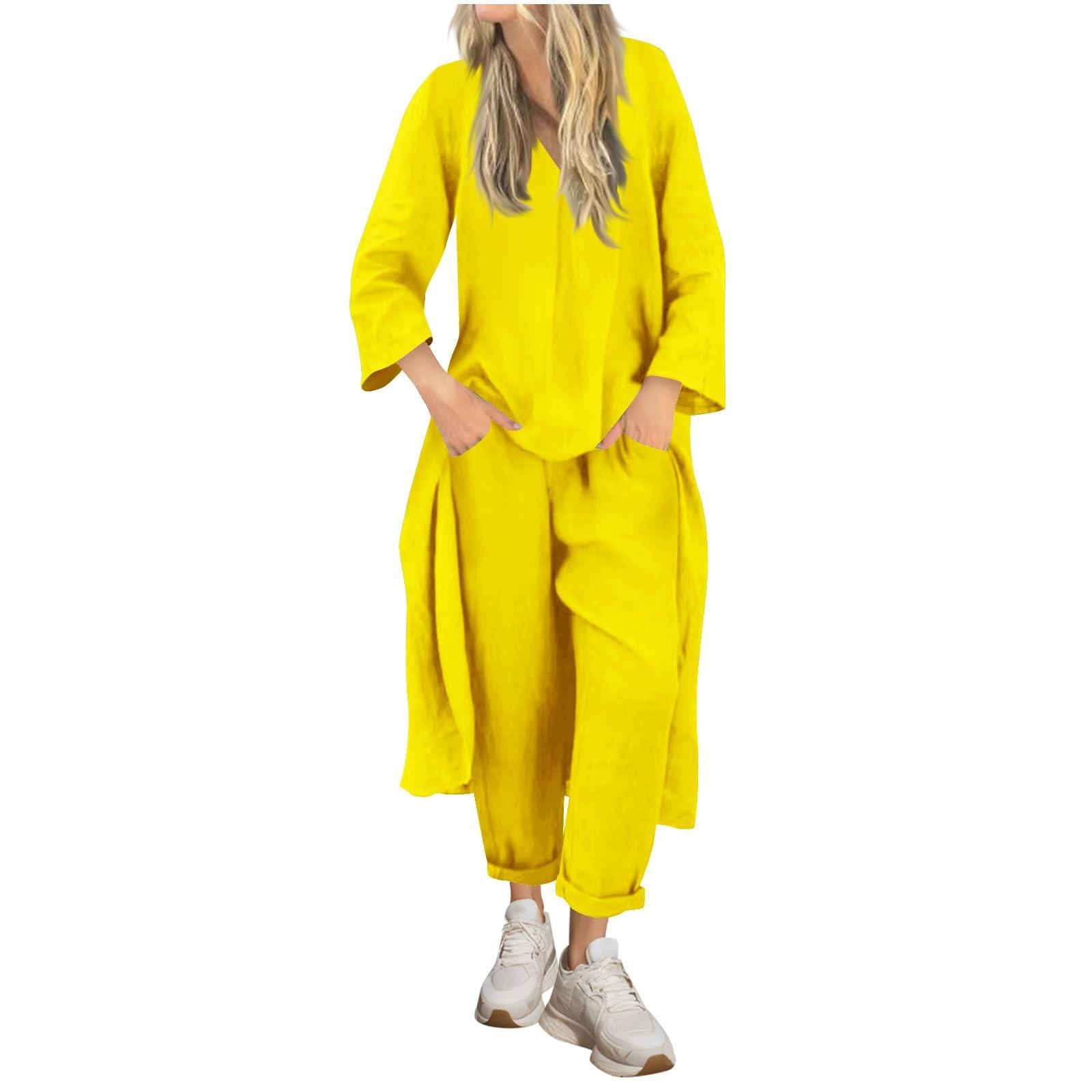

2 Piece Sets For Women Summer Loose Top Color Long Pants Vacation Outfits XXL жёлтый