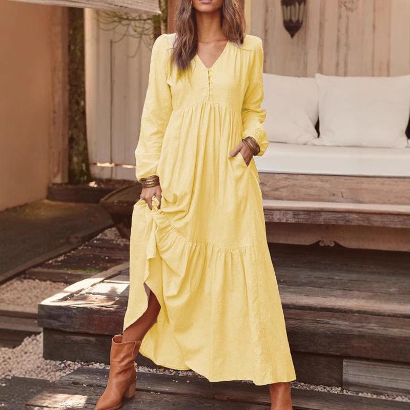 Dámské dlouhé šaty s výstřihem do V, volné, elegantní, s dlouhým rukávem a áčkovým výstřihem, sexy šaty