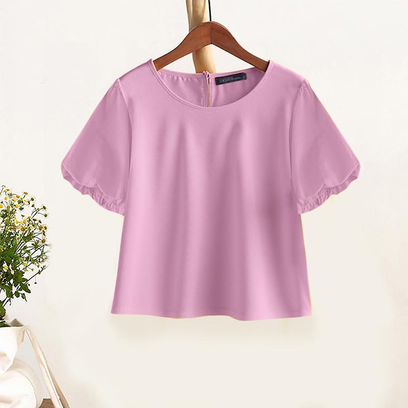 

ZANZEA Женская повседневная блузка с круглым вырезом, однотонная, летняя, с коротким рукавом L фиолетовый