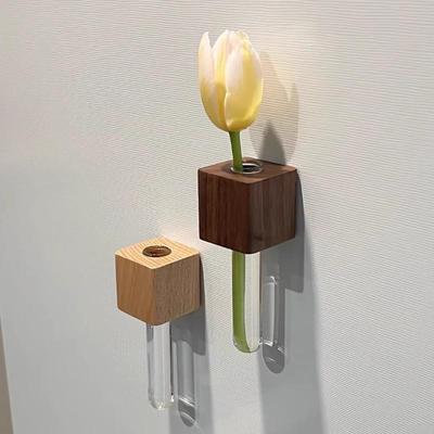 Creative 3D Wall Decoration Featuring A Real Wood, Magnetic Refrigerator Magnet Vase For Flower Arrangement
