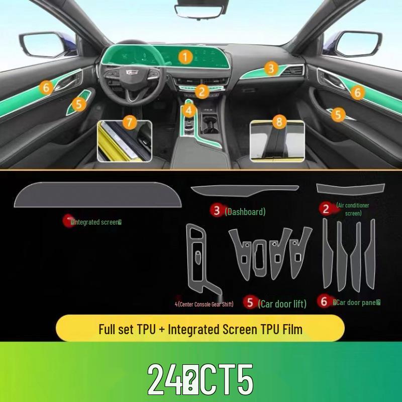 Cadillac CT5 Interior Protection Film Set: TPU Gear Shift, Center Console, and Navigation Screen Films.