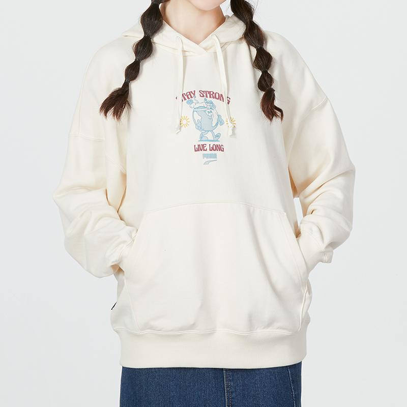 Puma Downtown Series Letter Print Drawstring Hoodie Long Sleeve Sweatshirt Women Tops White 537633-99
