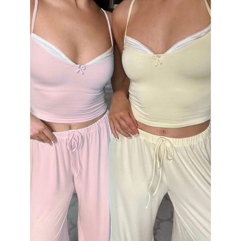 Cnyishe Sweet Style Gyaru V-neck Cami Elastic Band Wide Leg Pants Soft Glutinous Comfortable Home Style Two-piece Set
