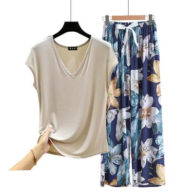 Modal Pajamas Sets Summer Women's Lightweight Homewear 2pcs Suit V Neck Tshirt with Floral Wide Leg Pants Casual Loungewear Loose Outwear