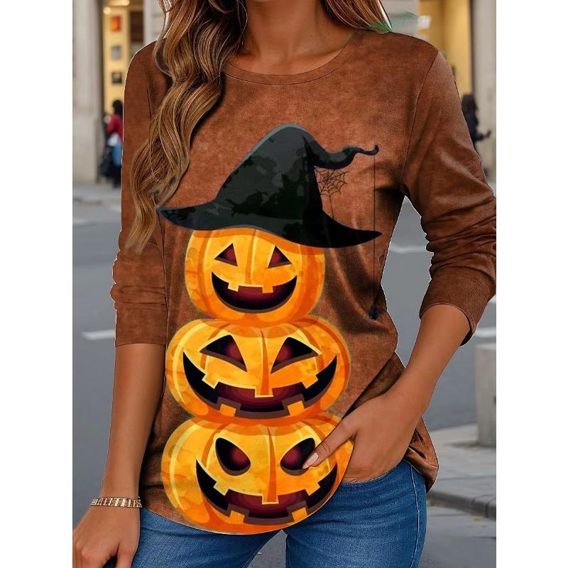 2025 Women Casual Long Sleeve Tops Graphic Halloween Pumpkin Tee Shirts Blouse Crewneck Fall Winter Streetwear Style Pullover