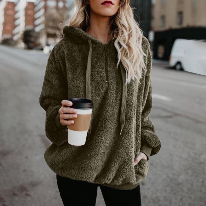 Women's Fashion Winter Fleeces Warm Plush Hooded Hoodies Loose Casual Solid Color Jacket Pullovers Plus