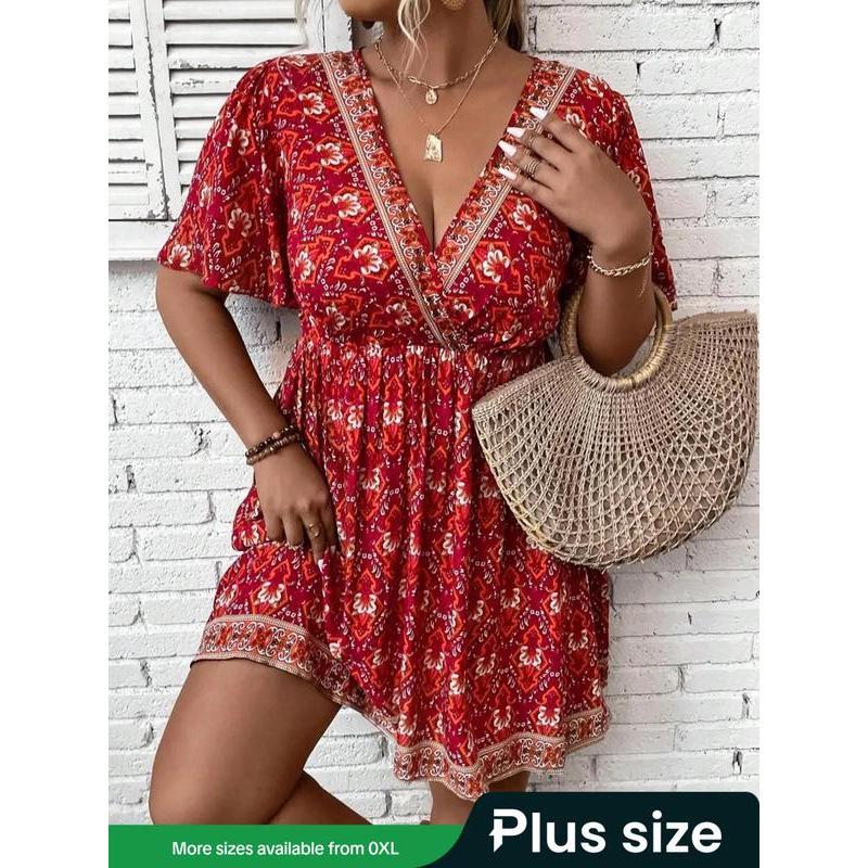

Plus Size Red V-Neck Printed Dress K 85986 4XL червоний