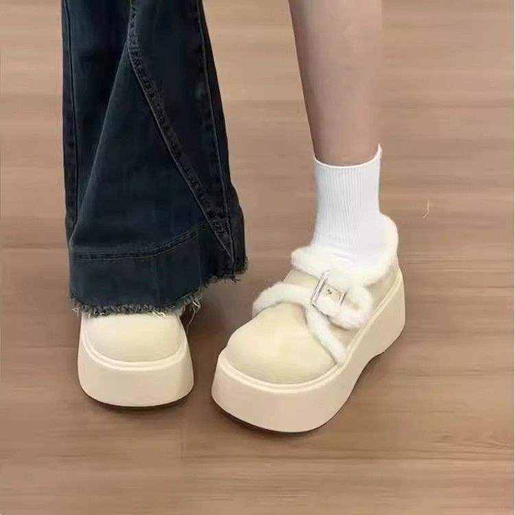 Fleece muffin thick-soled Birkenstock cotton shoes for women's winter wear 2025 new retro warm fluffy shoes