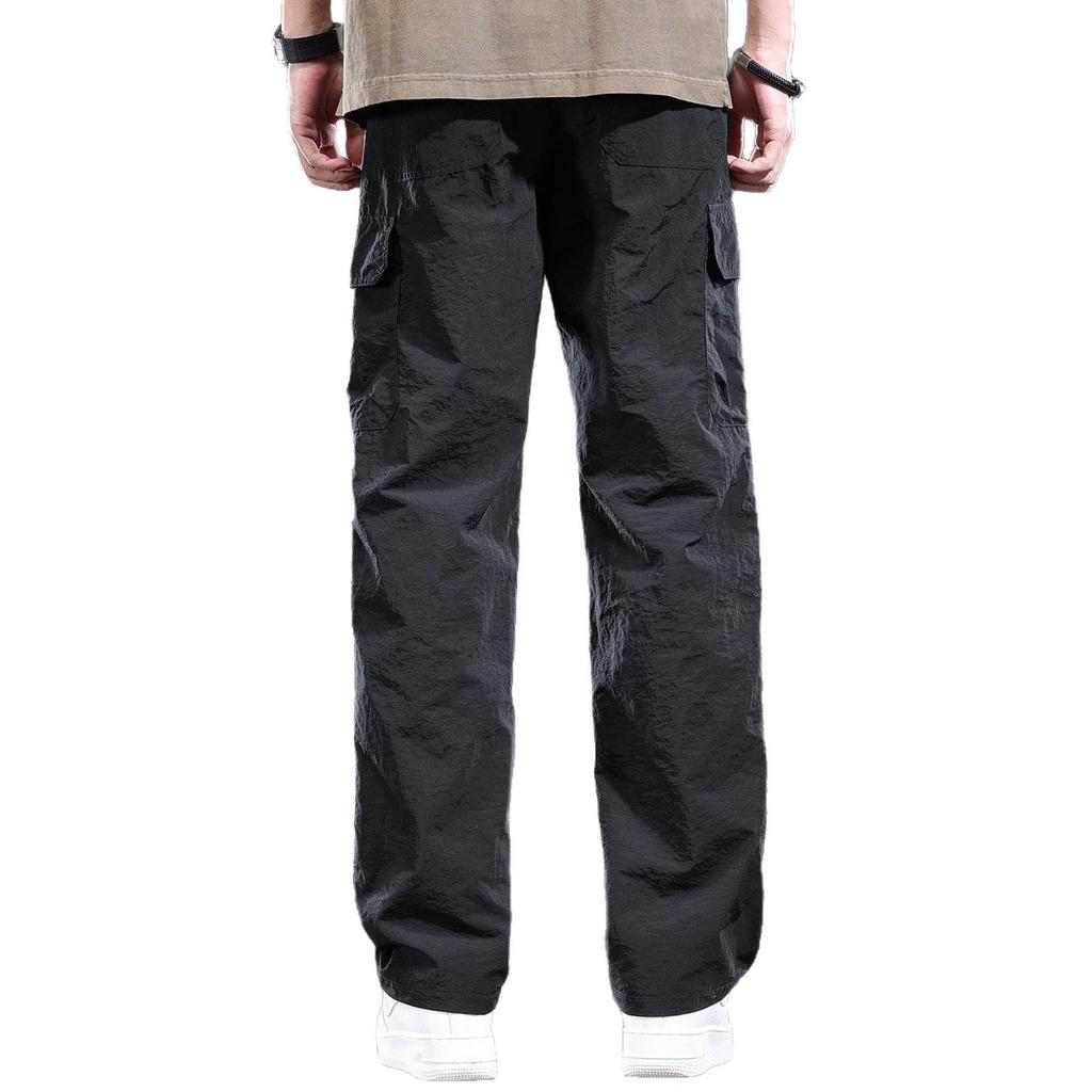 Outdoor Woven Tooling Casual Pants Men's Summer Waterproof Charging Straight-leg Pants Black Drawstring Loose Nylon Quick-drying Pants