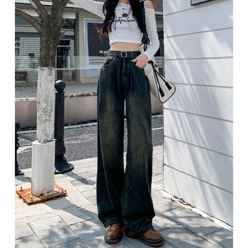 Cement Gray Retro Wide-leg Jeans Women's Autumn 2025 New High Waist Loose and Thin Straight Mopping