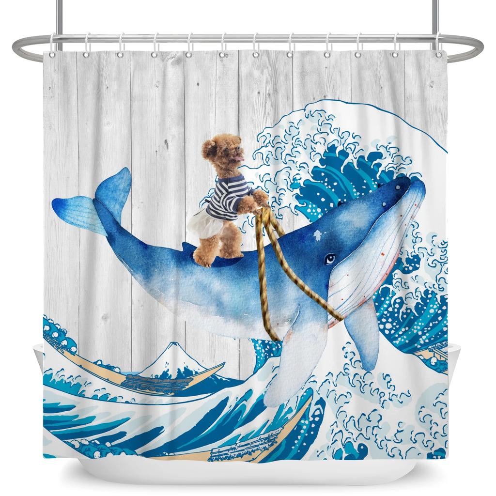 Hrdinský Velký bílý žralok s pistolí Kočka Vtipný sprchový závěs Pro kryt vany Kryt koupelny Koupání Extra velký Široký 12 ks háčků