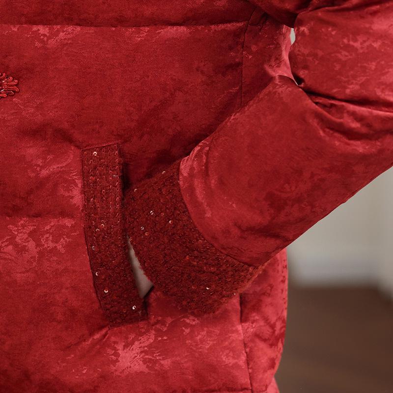 Mid-Length Winter Jacket: 90% White Duck Down, Chinese-Style Design, Warm Coat for Middle-Aged Women