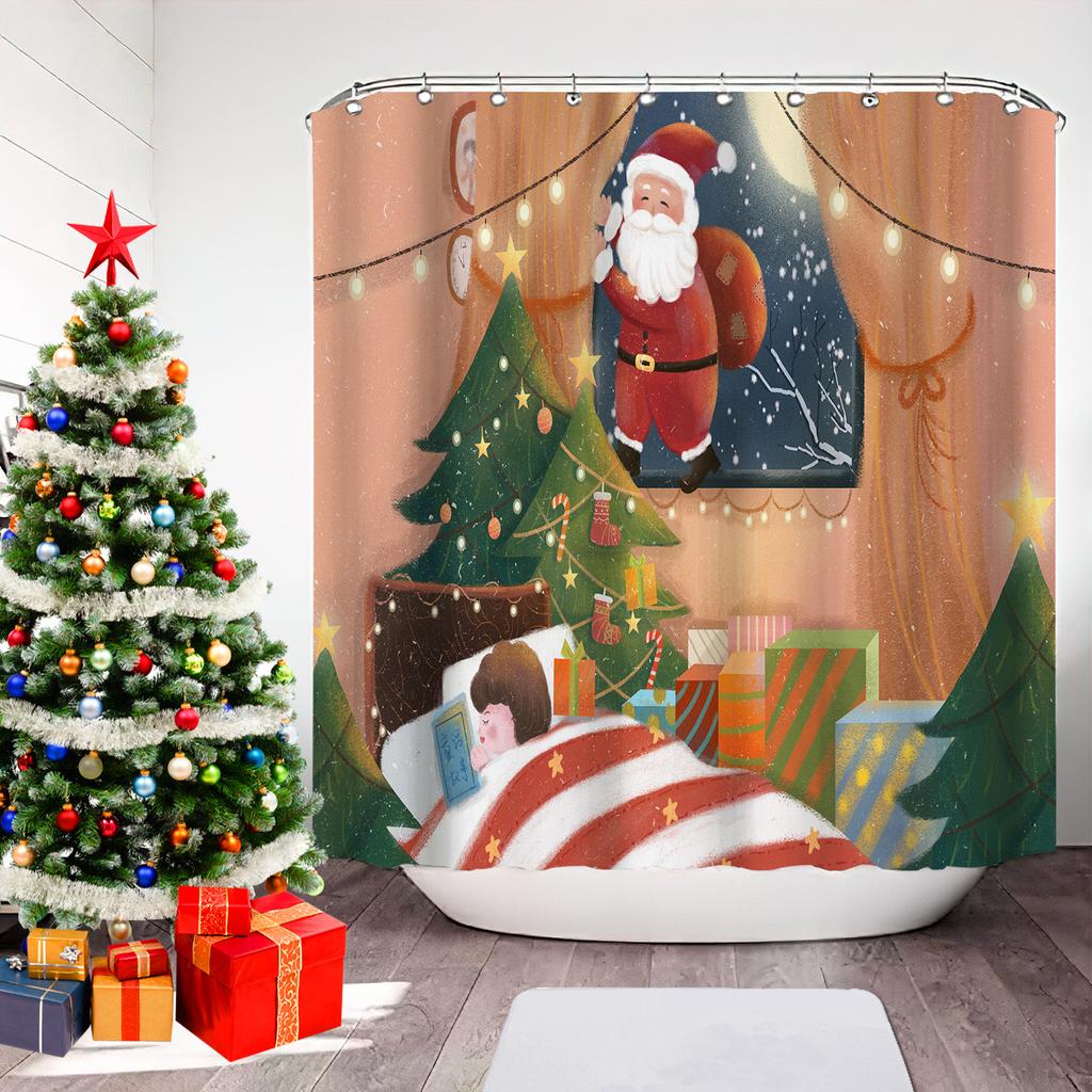 GAEChristmas Printed Bathroom Shower Curtain Snowman Santa Claus Waterproof Polyester Curtain Home Decoration Window Christmas