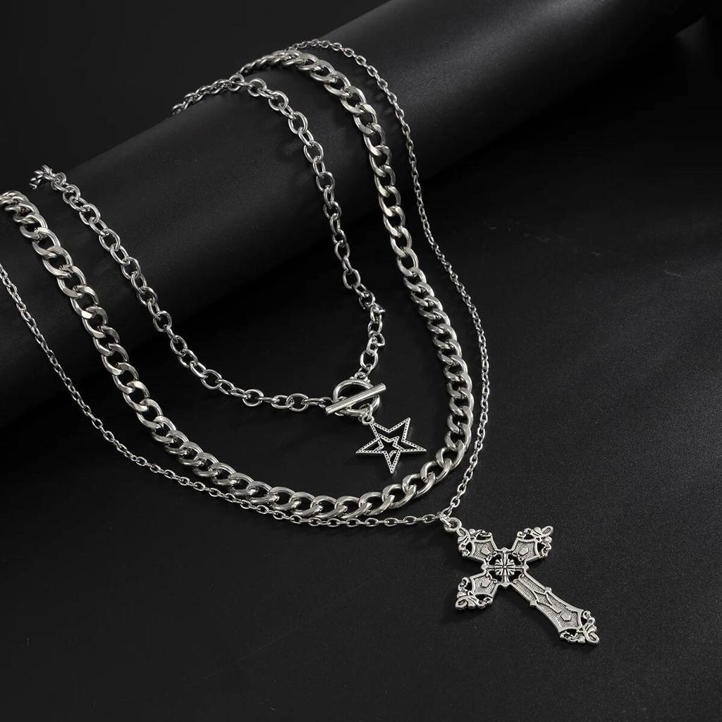 SHIXIN 3 Stück/Set Punk-Stil Stern Jesus Kreuz Anhänger Halskette für Männer Hip Hop Stapelbar Mehrschichtig Dicke Kette Choker Halskette