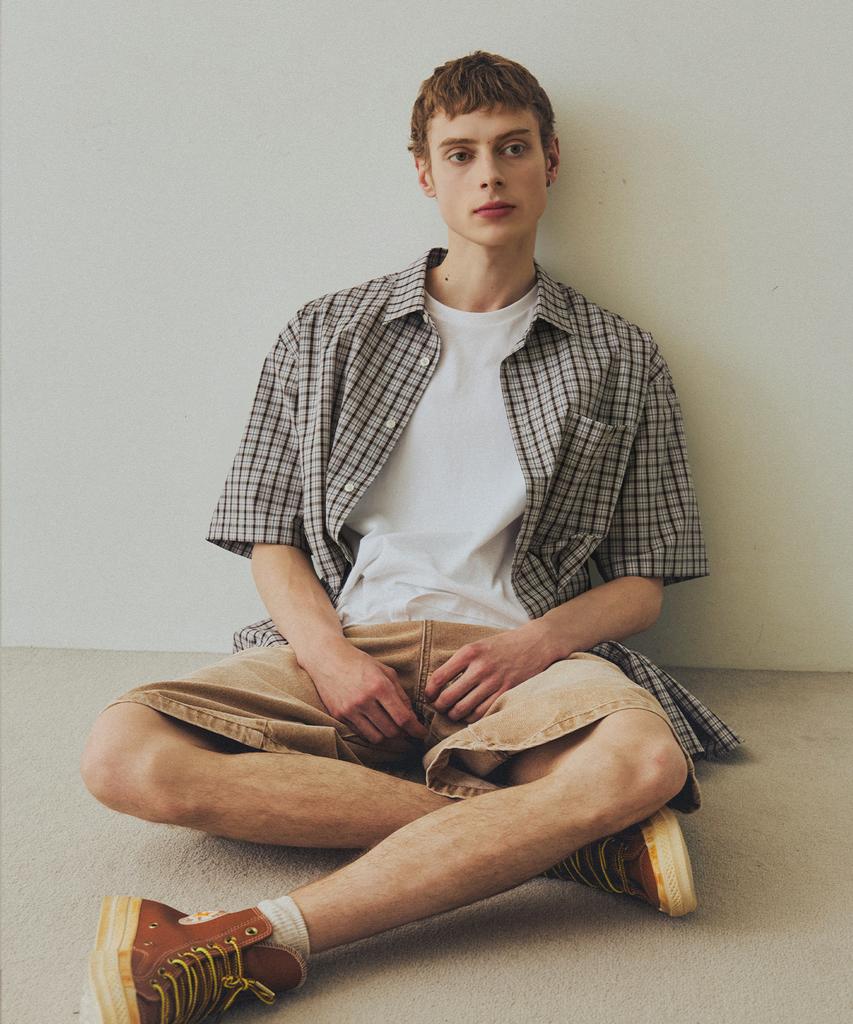NODU Check Boxy Half Street Shirt [Beige]
