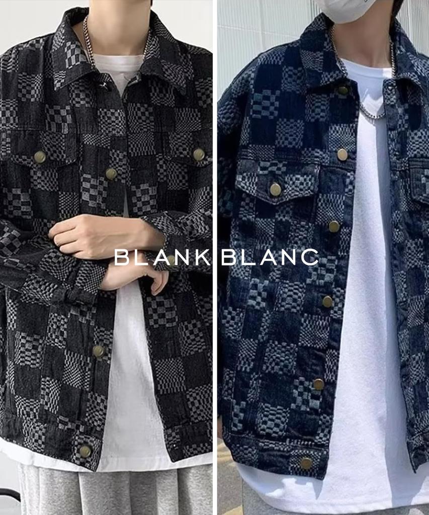 Denim Checkered with with Checkered Winter Xl Loose Hip Hop Big Brother Long Chest [Blanc Blanc] Jacket, Blouson, Pattern, Outerwear, Collar, Pockets,
