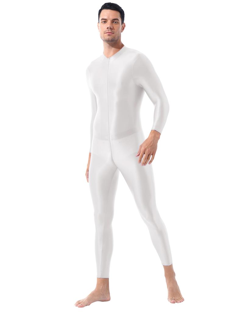 Mens Shiny High Neck Long Sleeve Double Ended Zipper Leotard Bodysuit