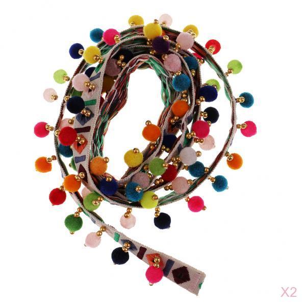 2 buc Panglică Jacquard din dantelă cu franjuri etnice cu franjuri, cu ornamente cu pompon, 1 iardă