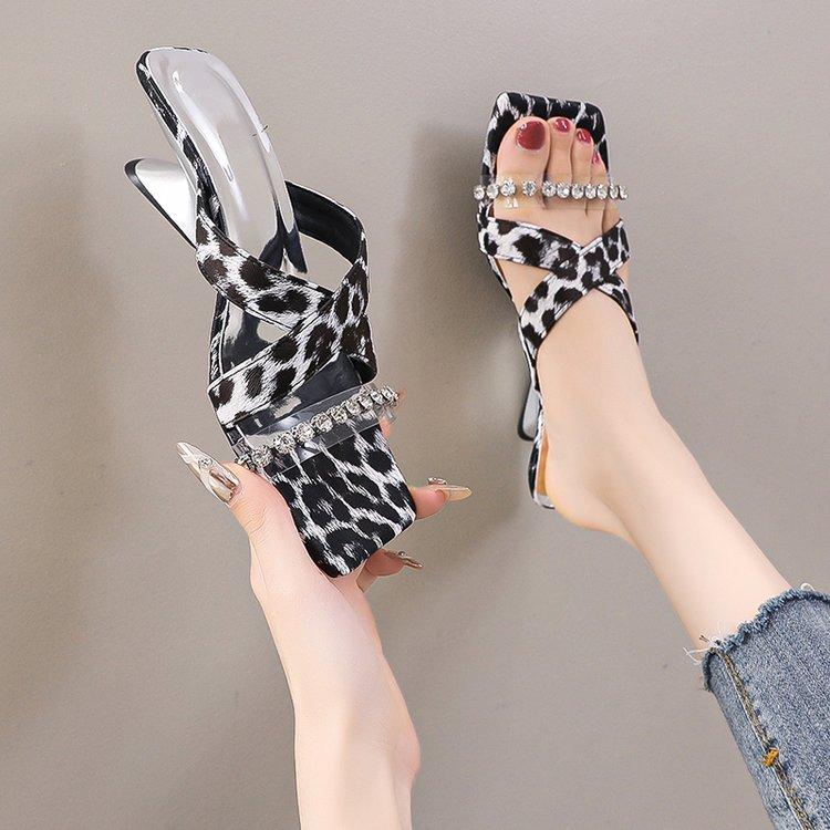 

Fashion Leopard High Heels Shoes Women Sandals Party Pointed Toe Dress Shoes Summer Slippers 2025 Designer Mules New Female Pumps Slides 39 чёрный