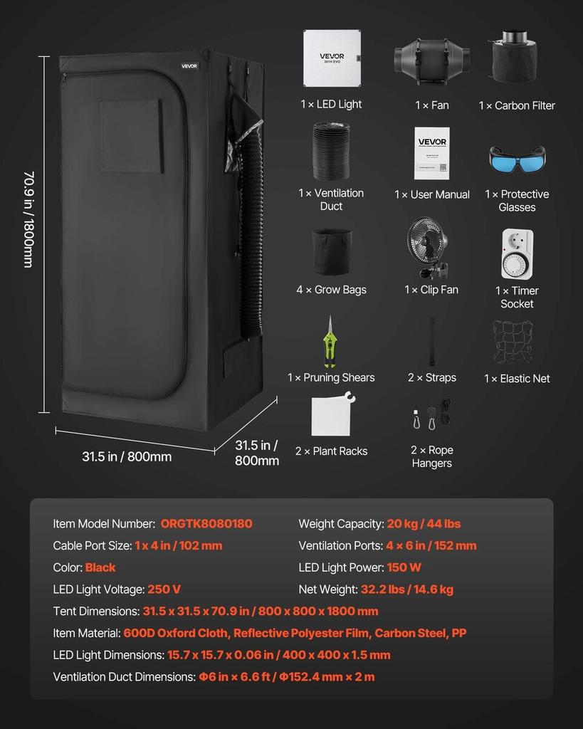 Indoor Grow Tent Kit, 80 x 80 x 180 cm, Indoor Plant Tent with Full Spectrum LED Grow Light & Ventilation System, 600D High Reflective Mylar, Growing