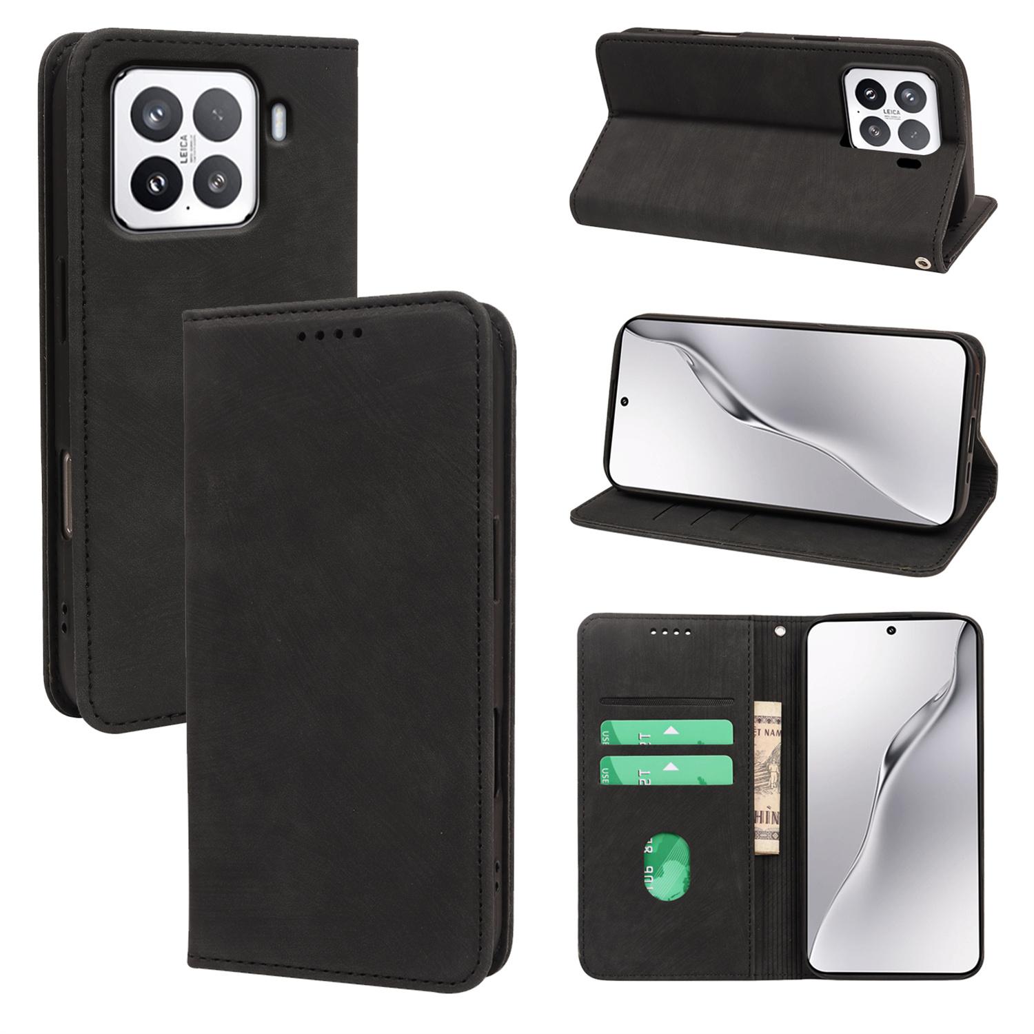 

For Xiaomi 15 Case Strong Magnetic Leather Wallet Phone Cover with Striped Texture Black