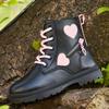 Adorable Heart Non Slip Ankle Boots Girls Boys Lightweight Durable PU Rubber Outdoor Hiking Shoes Zipper Closure Pink Black Fall Winter Casual