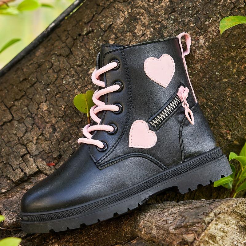Adorable Heart Non Slip Ankle Boots Girls Boys Lightweight Durable PU Rubber Outdoor Hiking Shoes Zipper Closure Pink Black Fall Winter Casual