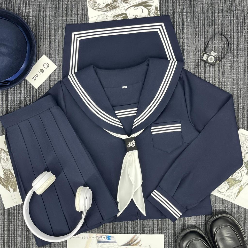 Original JK Navy Three-Line Sailor Uniform: Authentic Japanese Academy-Style Student Mid-Length Uniform