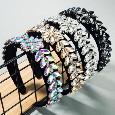 Damen-Haarband, Blatt-Blumen-Accessoires, Kopfbedeckung, Gold-Samt, breiter Rand, Glaskristall, Super-Flash-Stirnband
