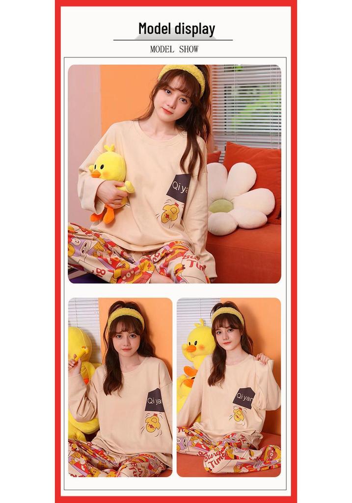 Women's Cute Simple Style Long Sleeve & Pants Imitation Cotton Pajama Set for Spring and Autumn